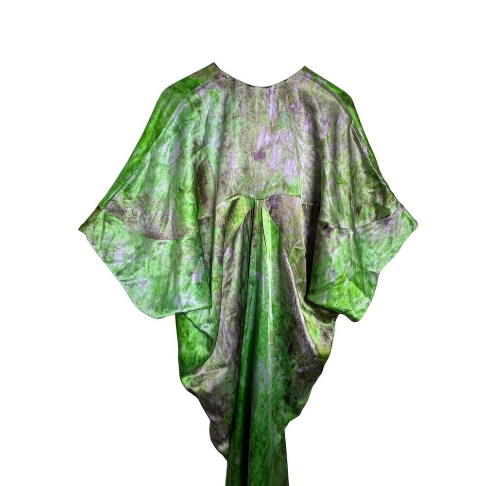 Carmen Molina 100% Silk V-Neck Caftan Maxi Dress Green Purple Abstract Size S/M - Picture 5 of 8